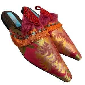 Pavilion Parade Mule Shoe Women 8 Pointed Toe Jacquard Tassle‎ Maximalist Artsy